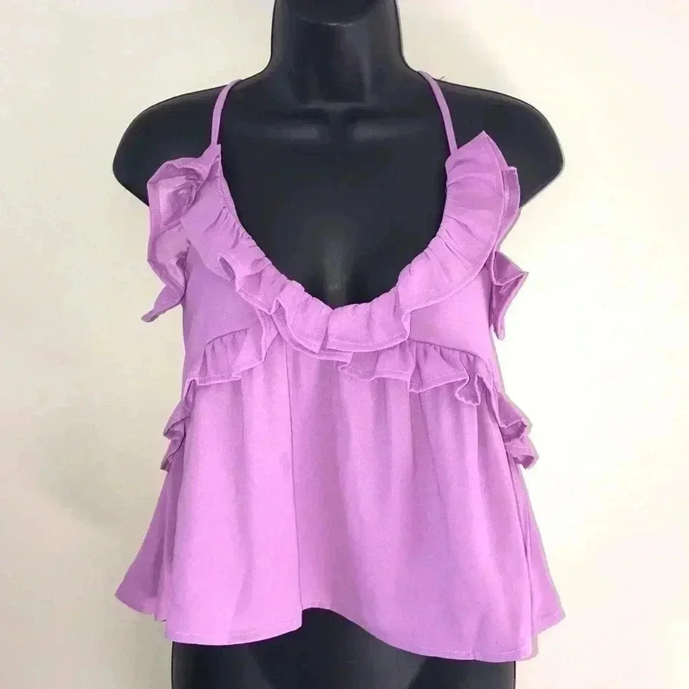 Romeo + Juliet Couture Ruffled Lavendar Spaghetti Strap Top Size M—A3 - Picture 2 of 6